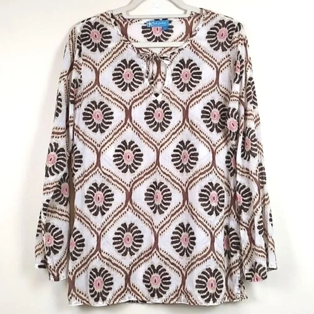Fresh Produce Lightweight Long Sleeve Cotton Blouse Top Brown Floral Ikat Print